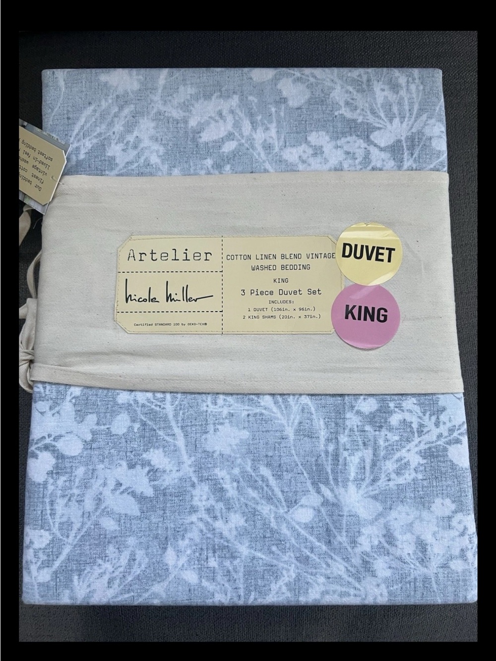 Nicole Miller King Duvet Cover Set Linen Blend Blue Floral Vintage Wash 3pc